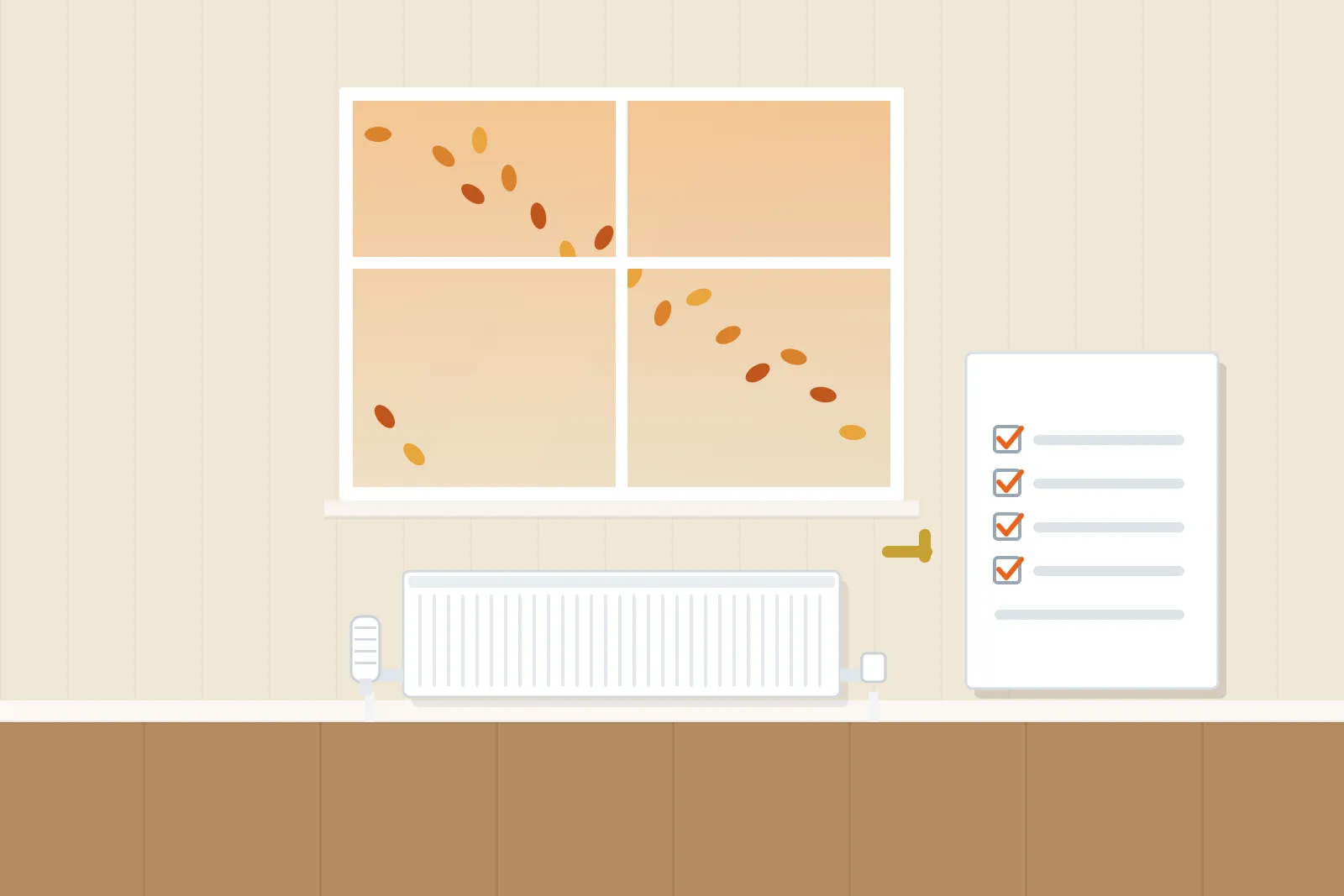 Window with autumn leaves above a radiator, a radiator bleed key and a ticked checklist