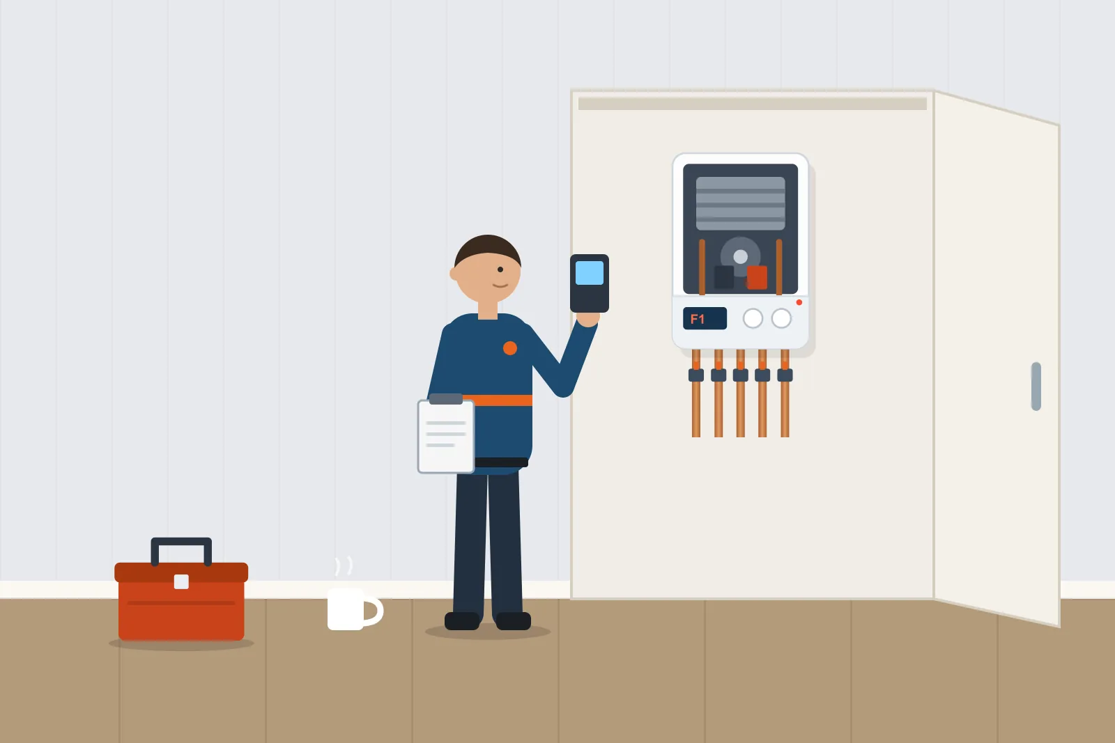 Heating engineer testing a boiler that is showing a fault code inside a kitchen cupboard