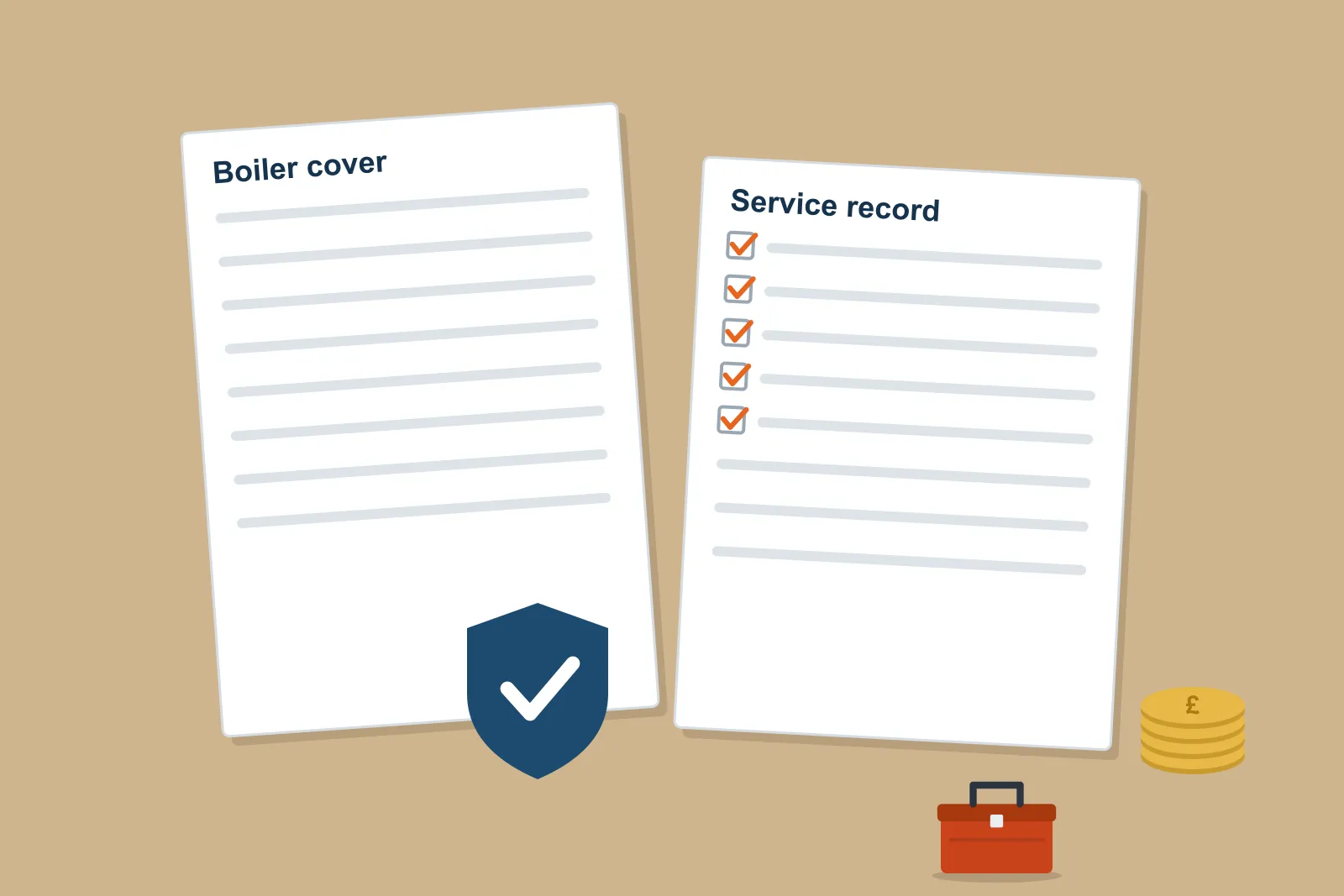Boiler cover policy and service record documents with a shield, coins and a toolbox