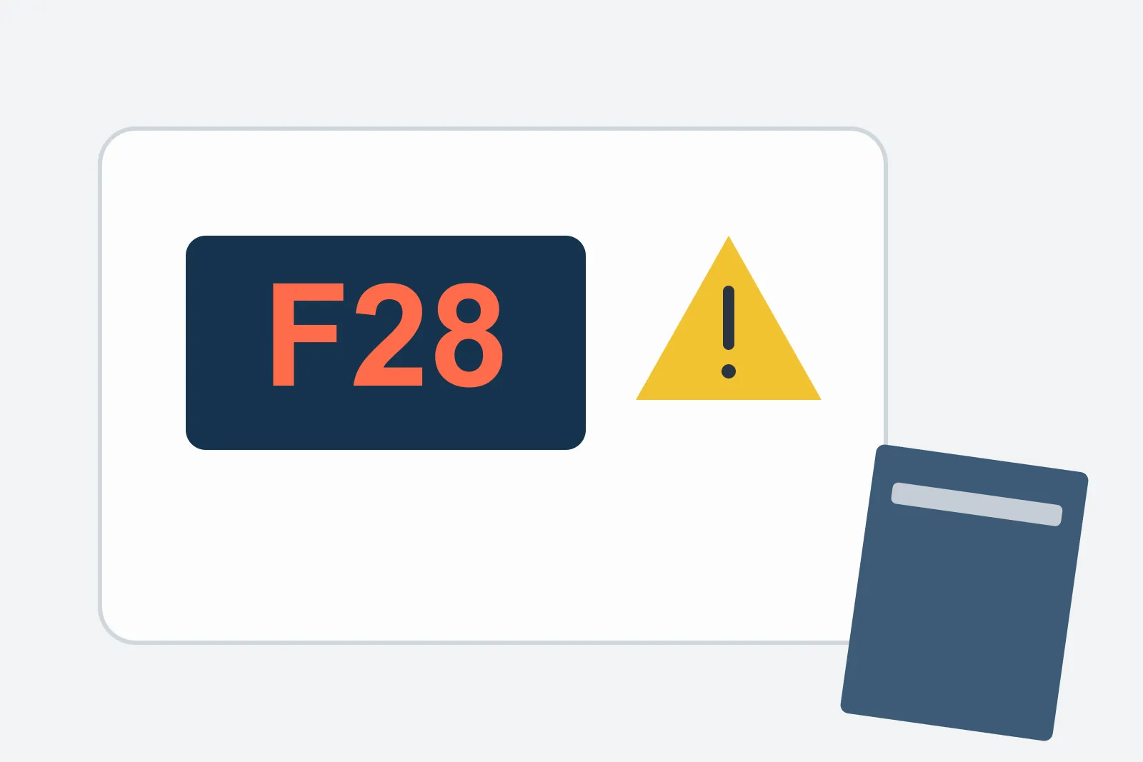 Boiler display showing fault code F28 next to a warning sign and the boiler manual