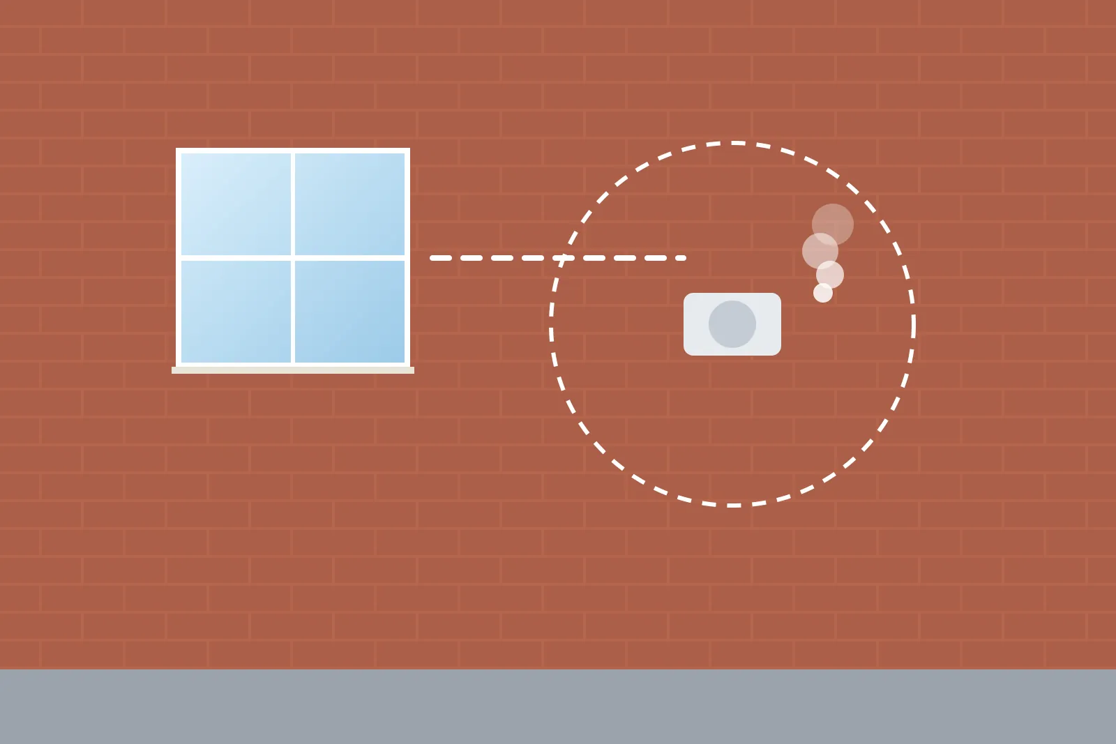 Boiler flue terminal on a brick wall with dashed lines showing clearance from a window