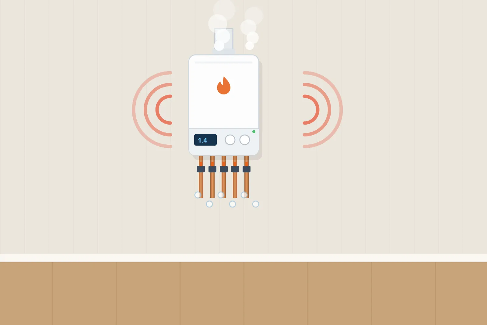 Wall-mounted boiler with sound waves, steam and bubbles in the pipes showing kettling