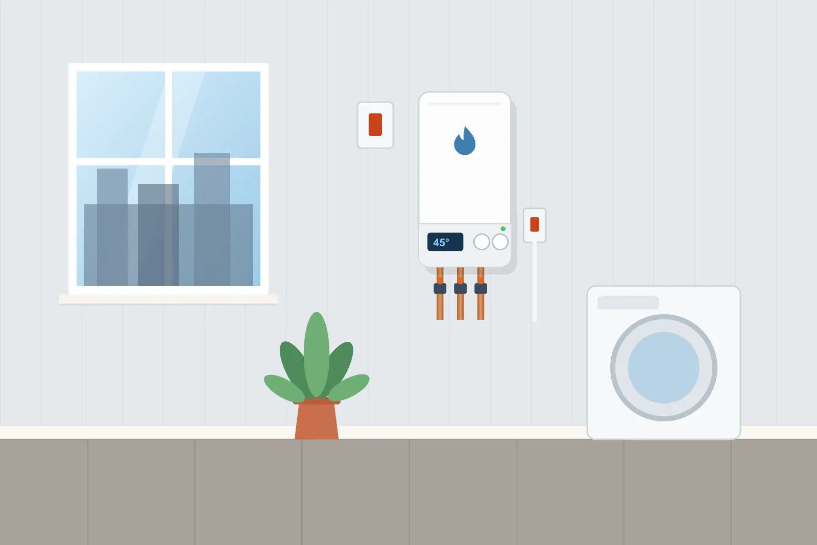 Compact electric boiler with its electrical isolator switch on the wall of a modern flat