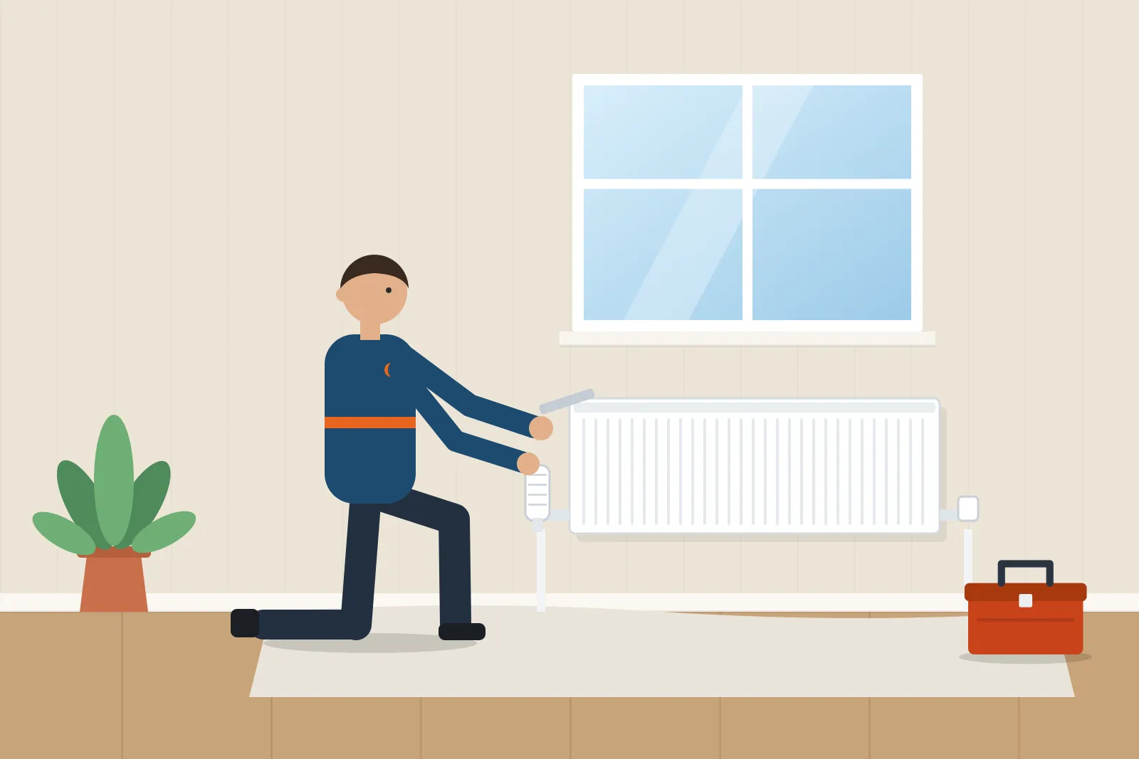 Heating engineer kneeling on a dust sheet to connect a new radiator beneath a window