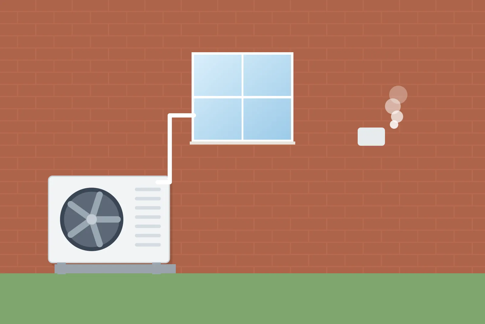 Air source heat pump on the ground outside a brick house next to a gas boiler flue