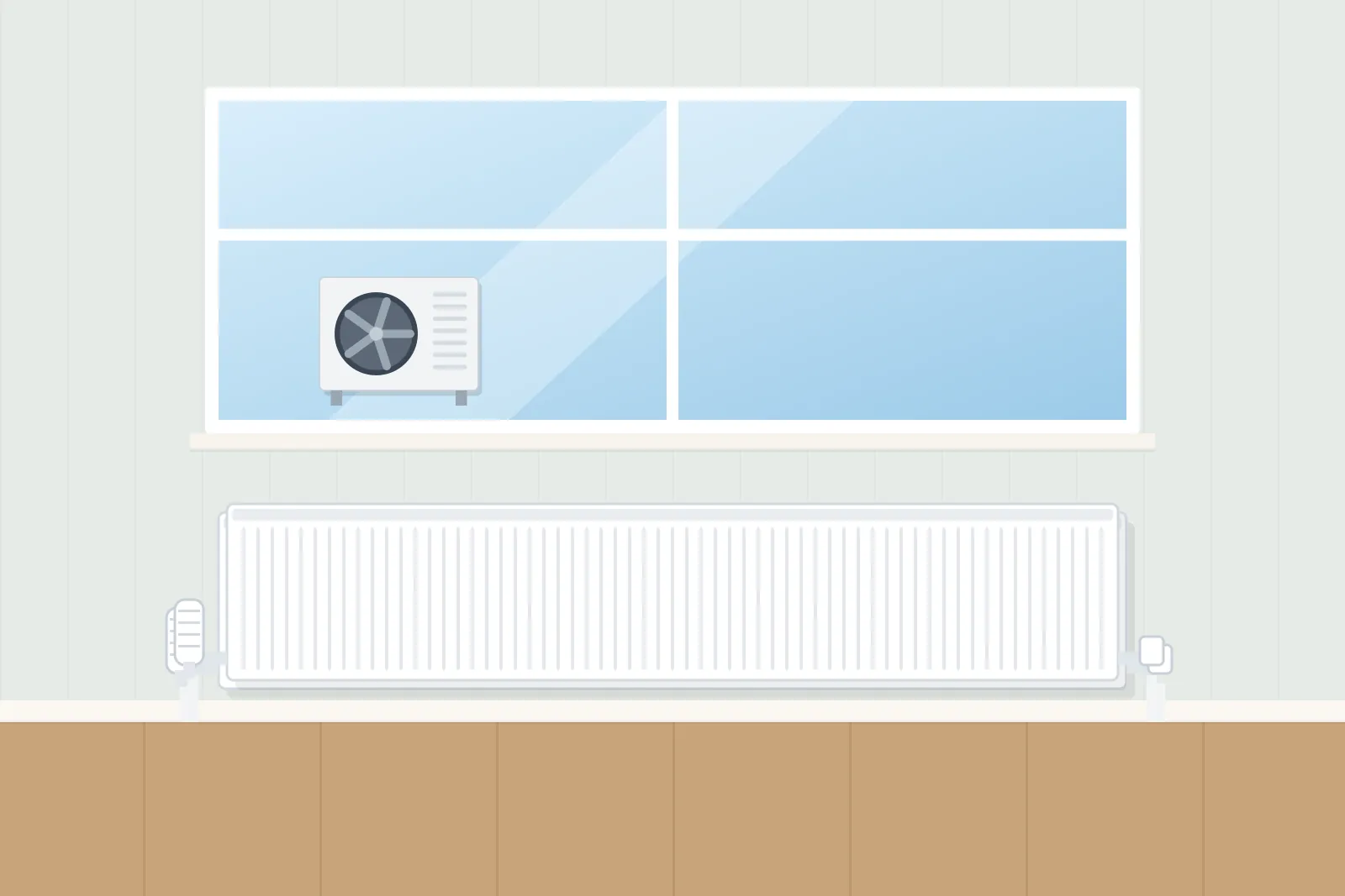 Large double radiator under a wide window with a heat pump visible outside