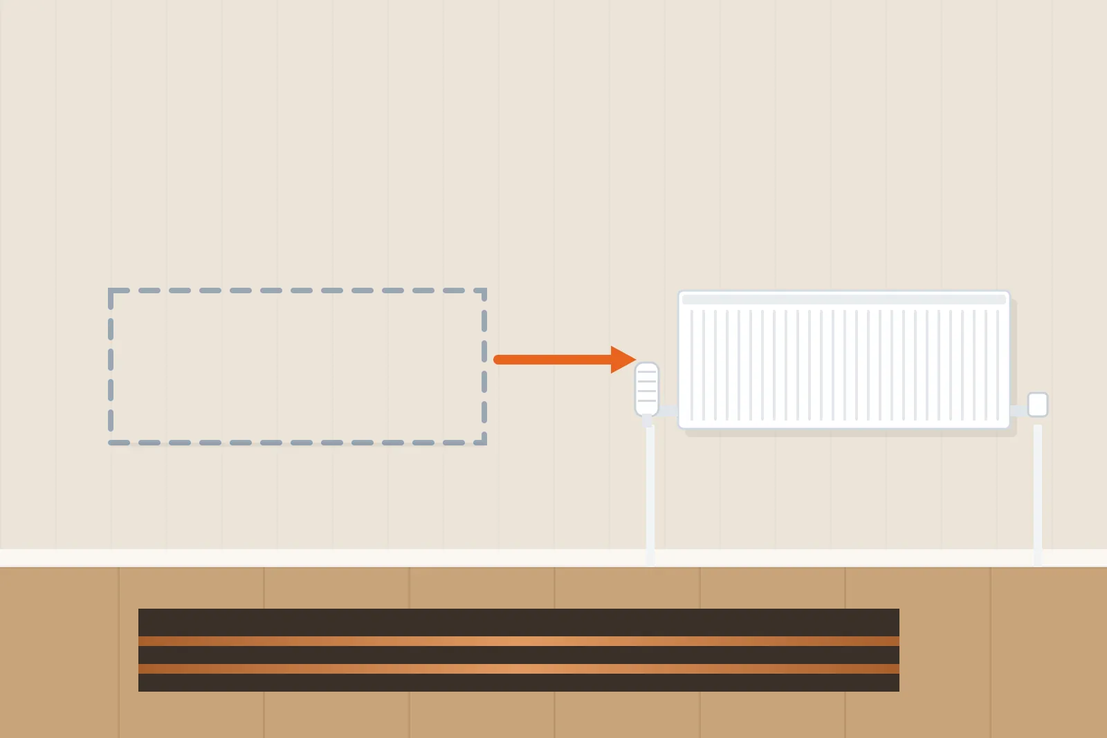 Outline of an old radiator position with an arrow to the new radiator and pipes under the floor