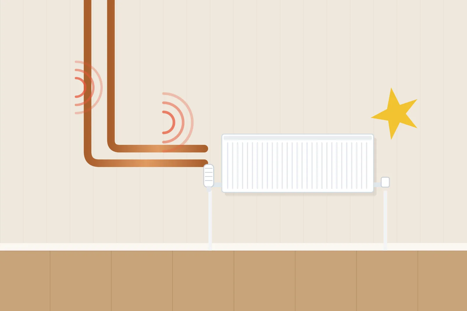 Exposed heating pipes and a radiator with sound waves showing banging noises