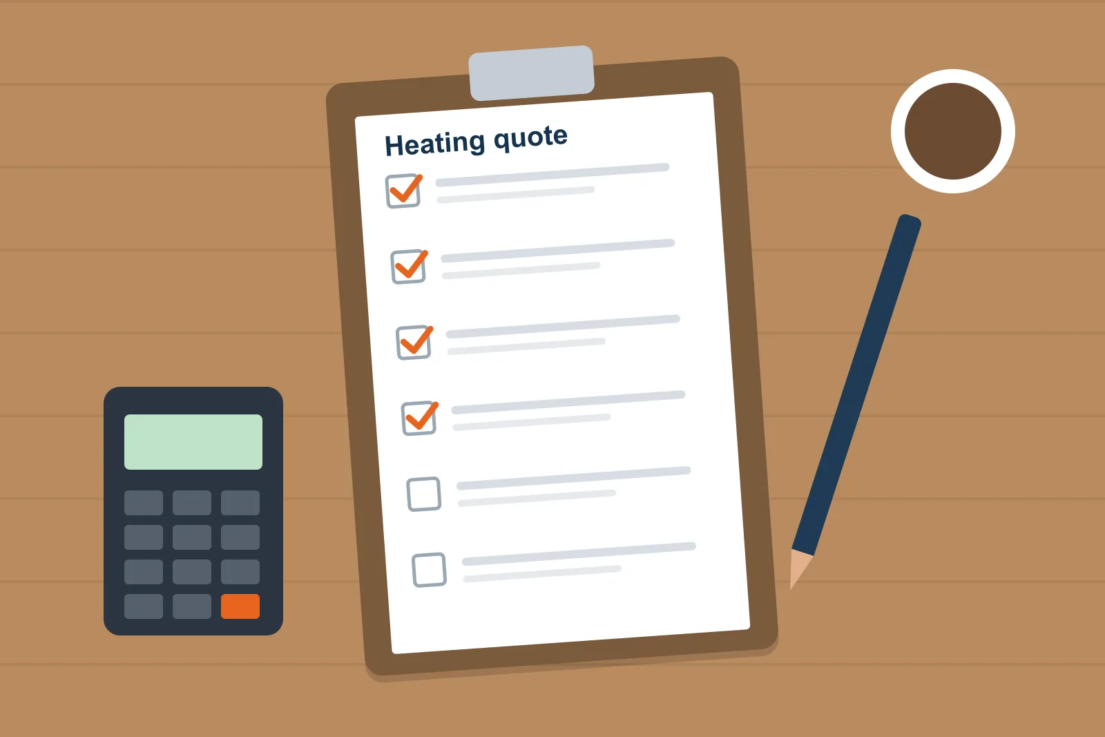 Clipboard with a heating quote checklist beside a calculator and a pen