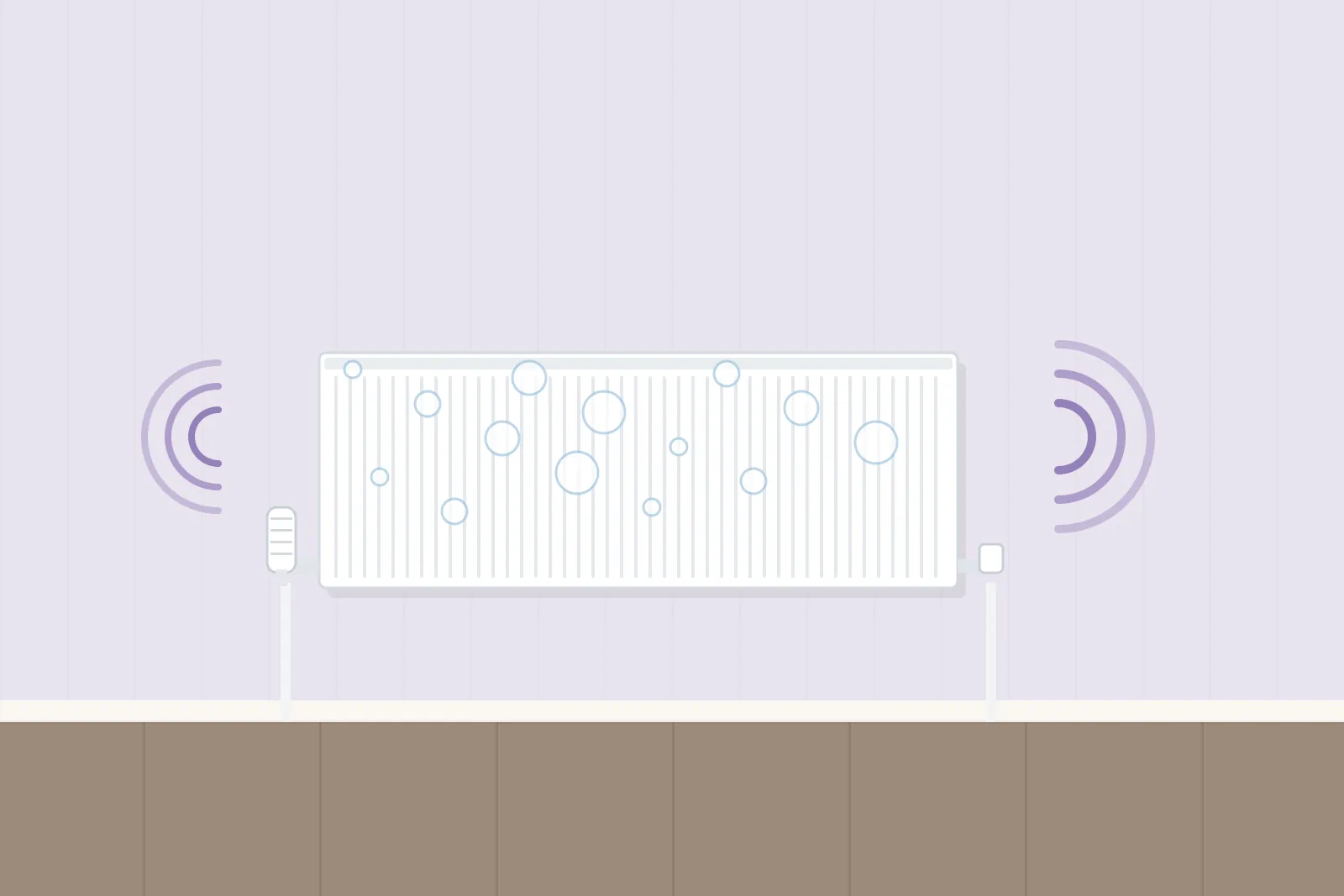 Radiator with air bubbles inside and sound waves showing gurgling