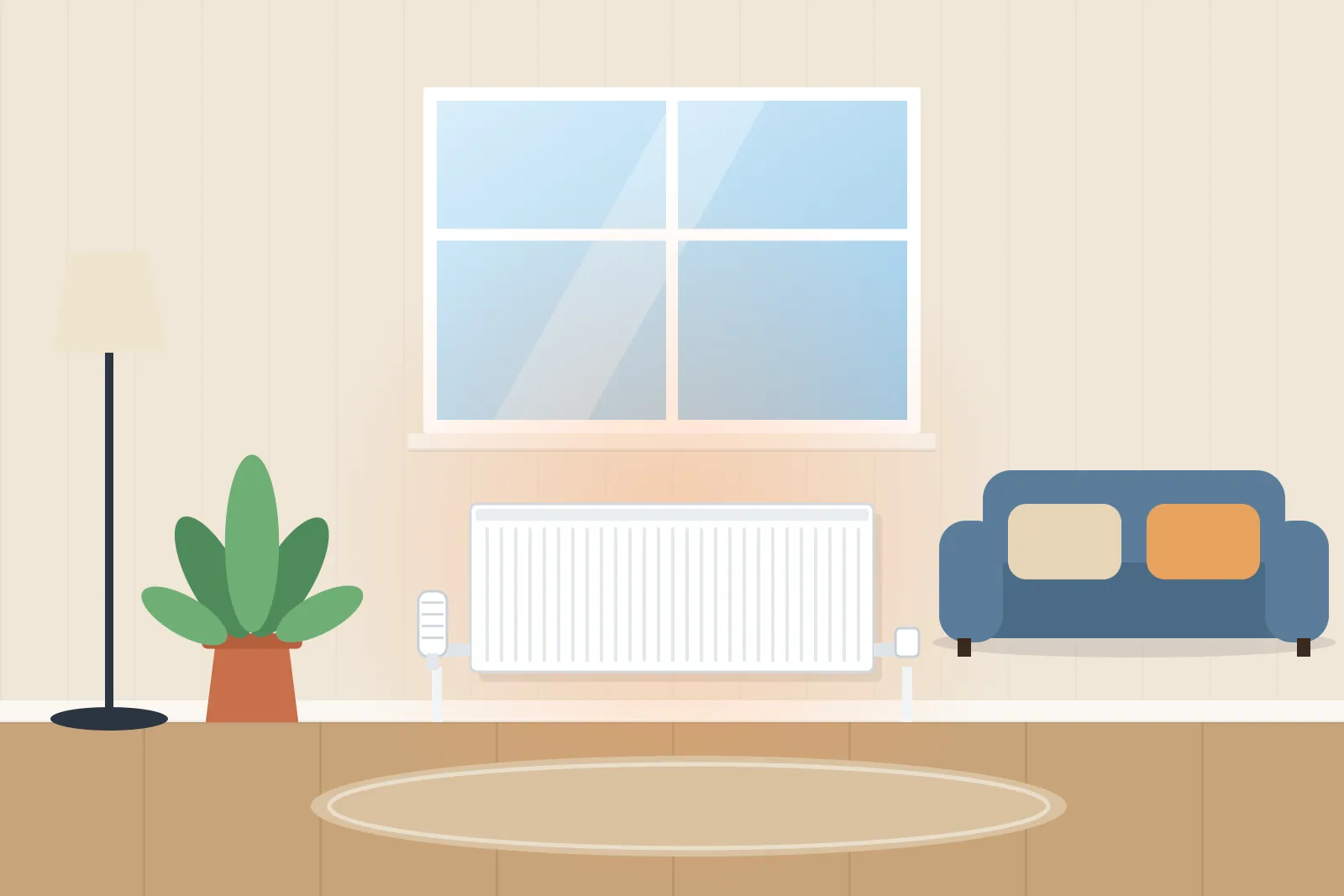 White panel radiator with a thermostatic valve beneath a living room window