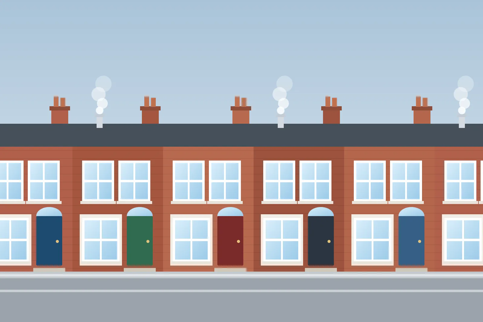 Row of red-brick terraced houses with chimneys and boiler flues on a cold day