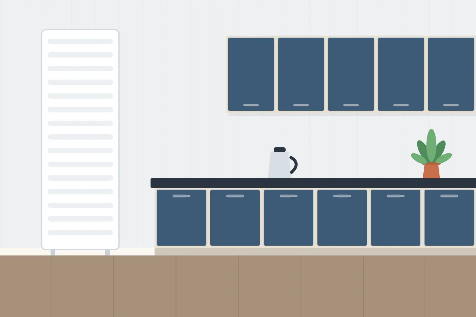 Tall white vertical radiator beside blue kitchen units