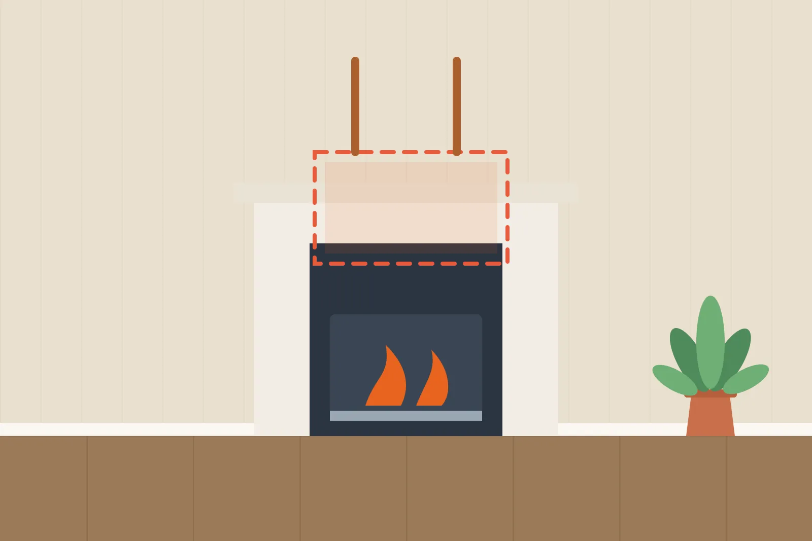 Fireplace with a gas fire and the outline of a back boiler hidden behind it