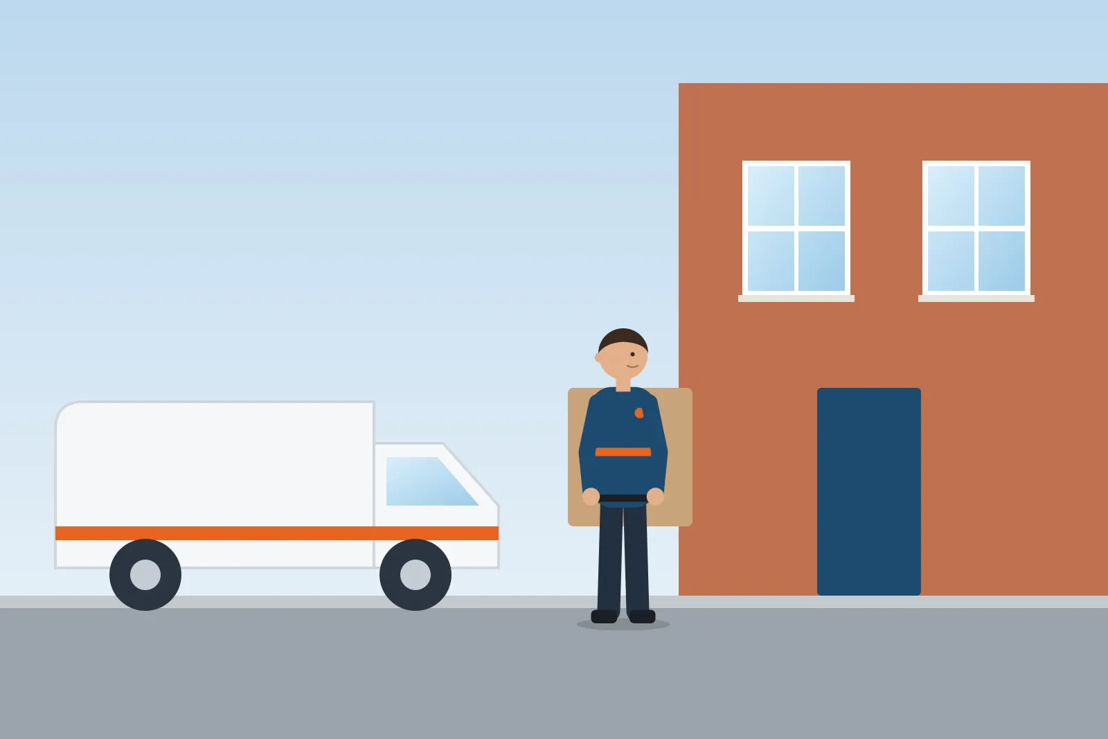 Heating engineer carrying a new boiler box from a van to a house