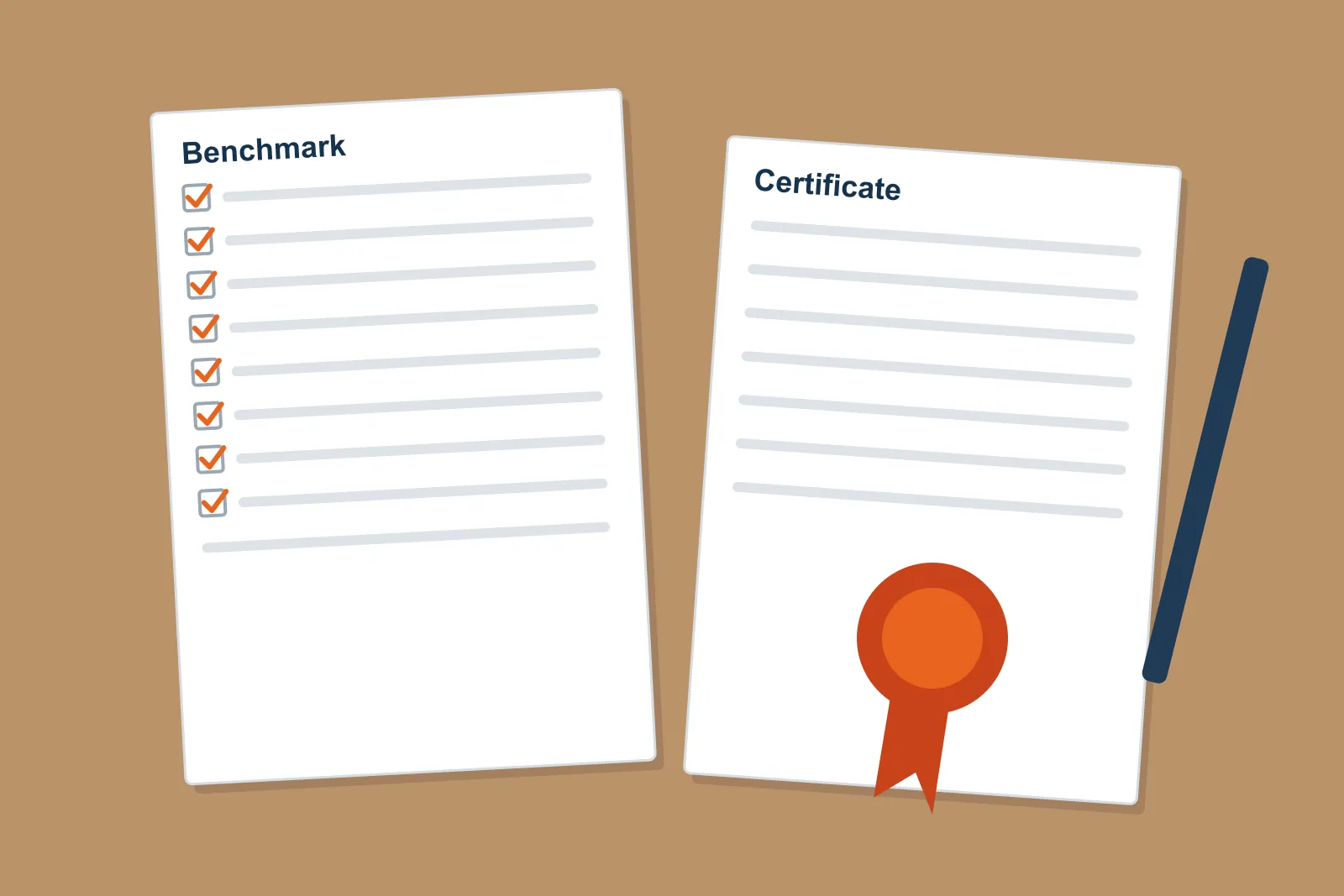 Benchmark checklist and installation certificate with a rosette seal and a pen