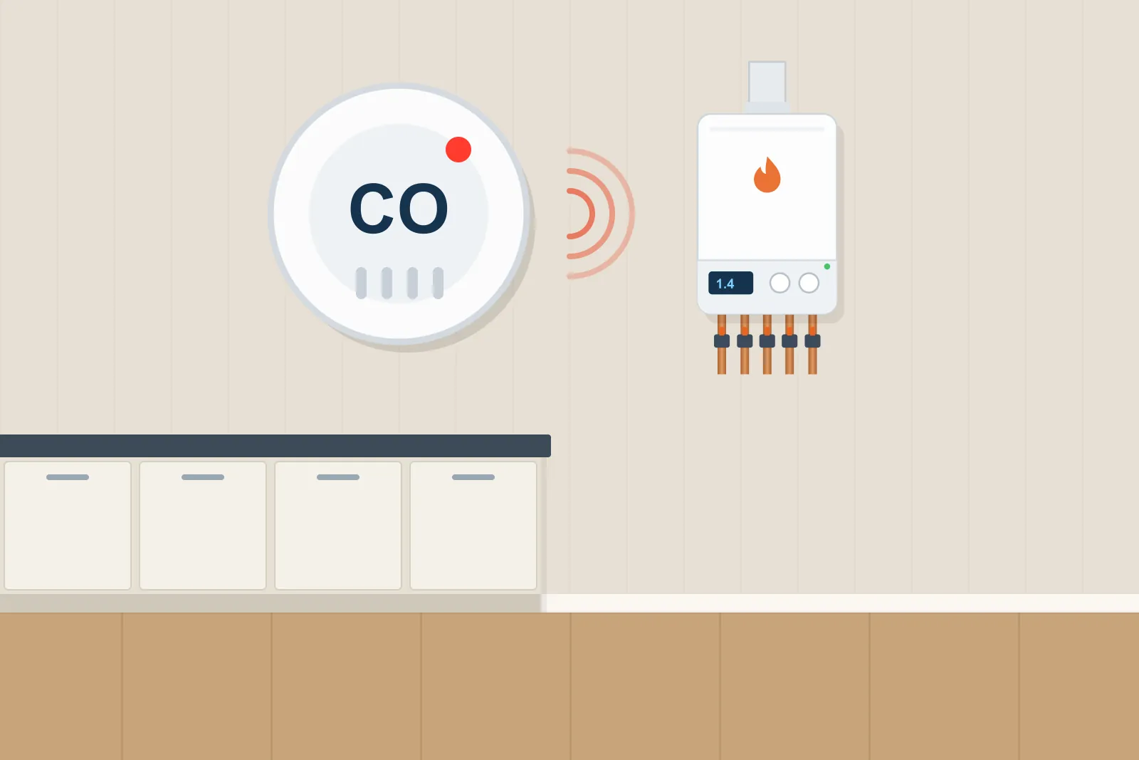 Carbon monoxide alarm sounding near a gas boiler in a kitchen