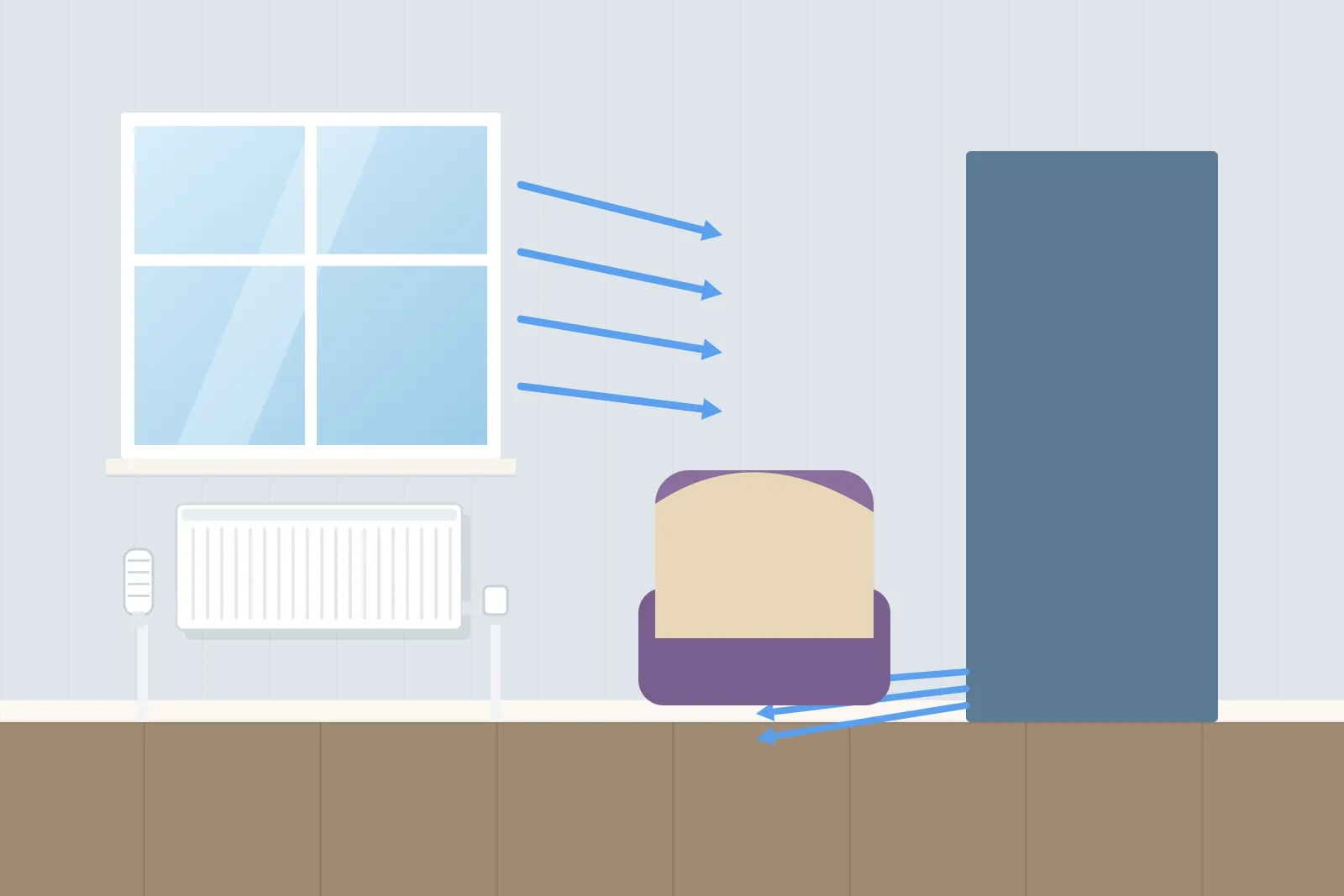 Cold living room with draughts coming in around the window and under the door