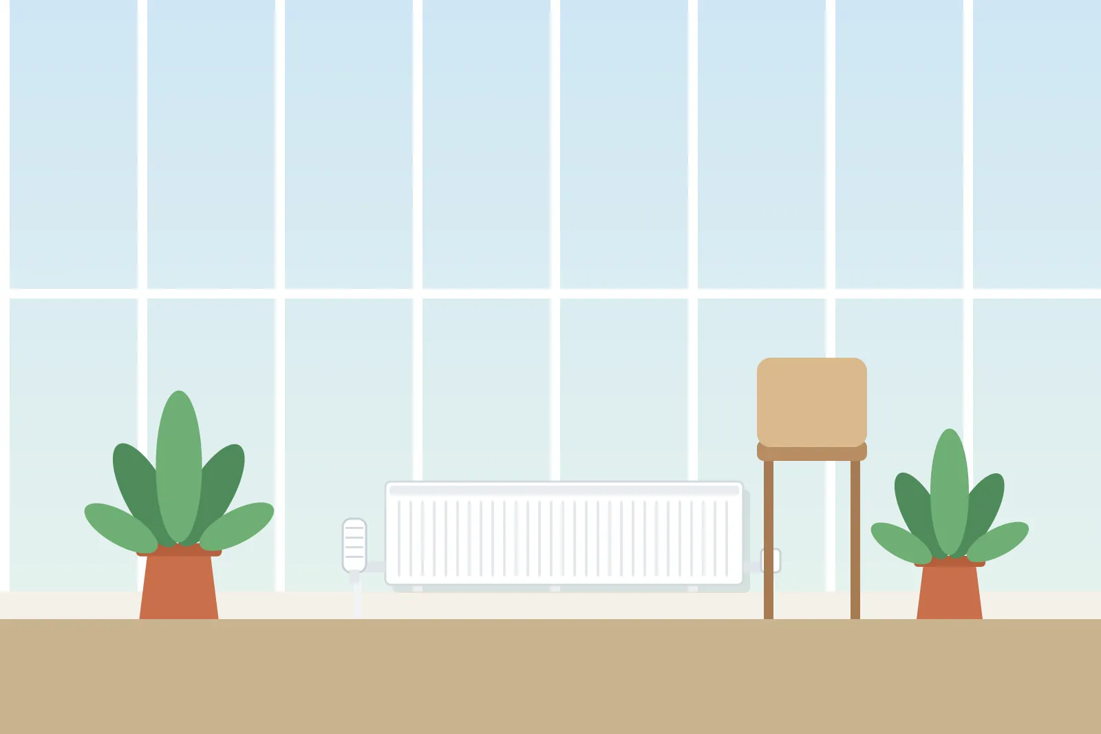 Glazed conservatory with a radiator, plants and a wooden chair