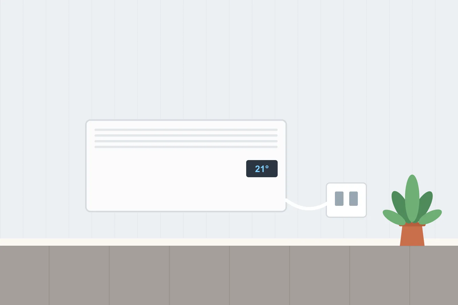 Slim electric panel heater with a digital display plugged into a wall socket