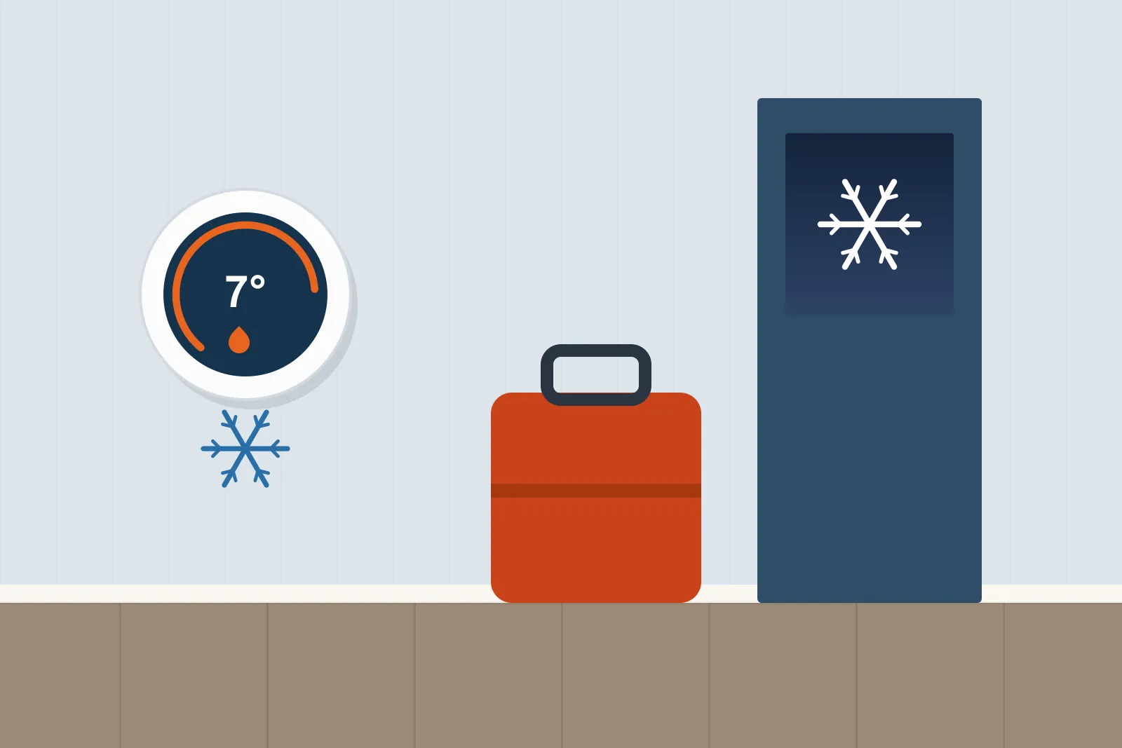 Packed suitcase by the front door and a thermostat on a low frost-protection setting