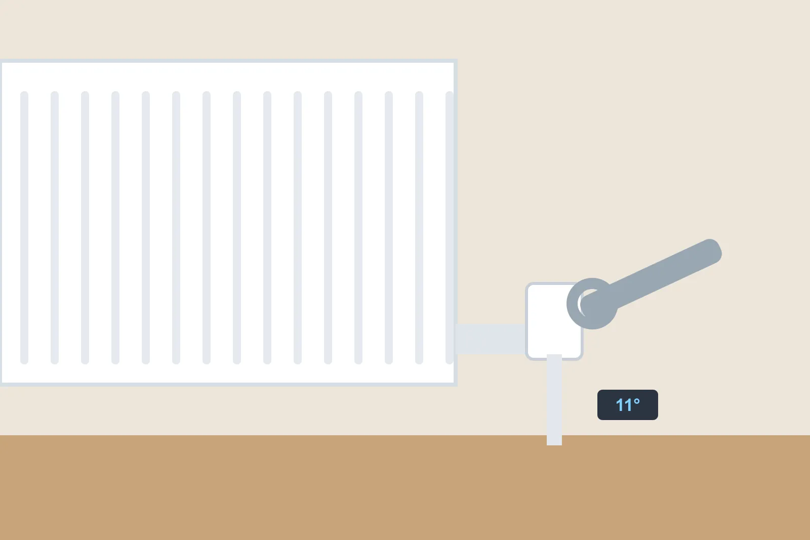 Spanner adjusting a radiator lockshield valve with a pipe thermometer reading