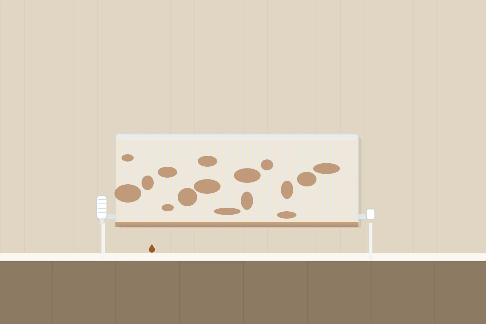 Old radiator with rust patches and a rusty drip below