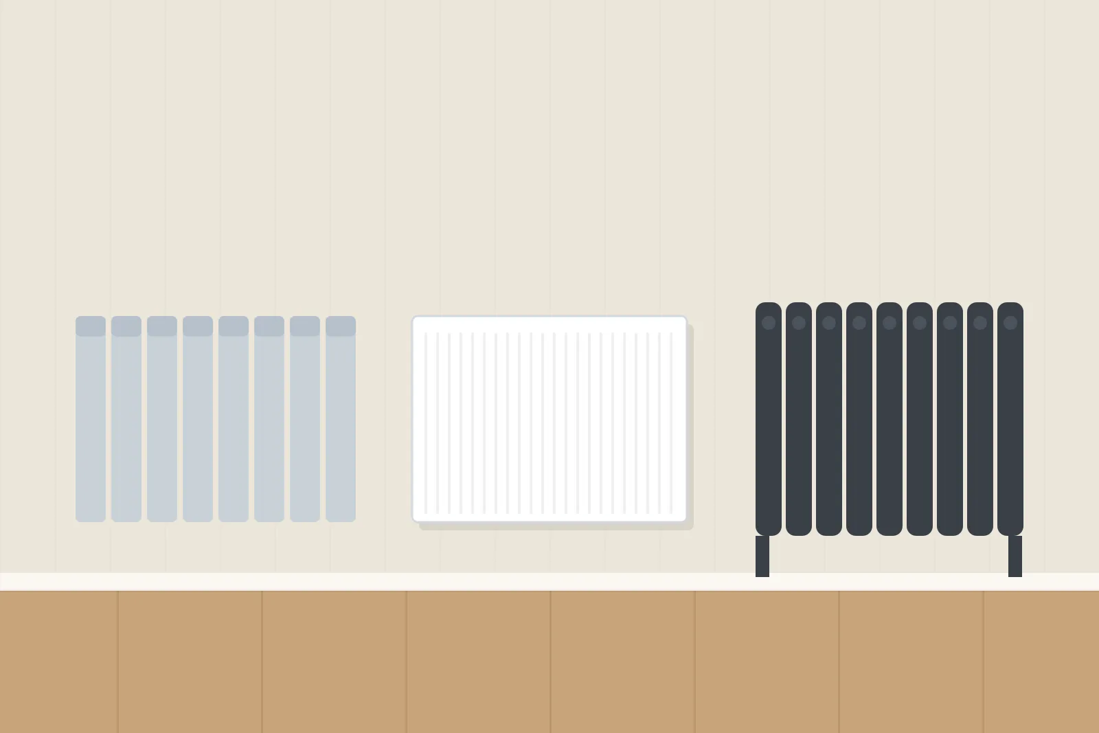 Aluminium, steel panel and cast iron radiators side by side