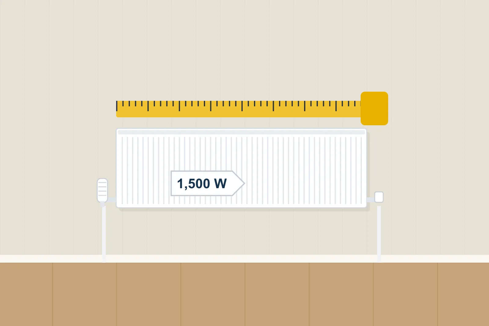 Tape measure along the top of a radiator with a label showing an output of 1,500 watts