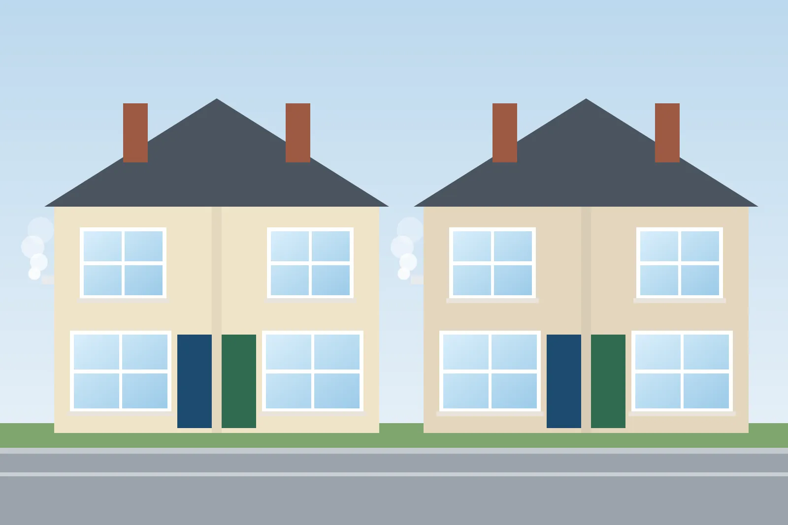 Pair of rendered semi-detached houses with a boiler flue on the side wall