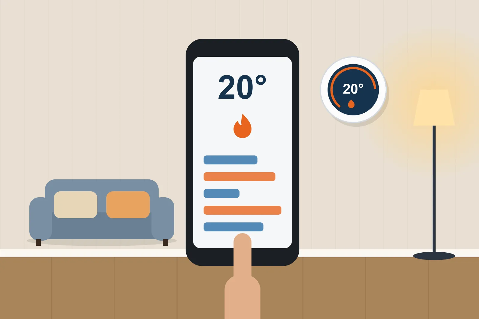 Hand holding a smartphone heating app showing 20 degrees, with a smart thermostat in the living room