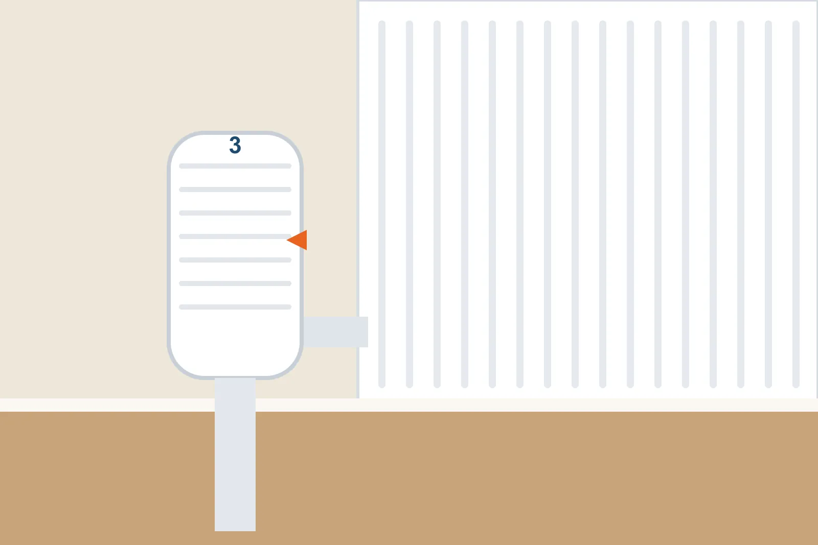 Close-up of a thermostatic radiator valve set to 3 on a white radiator