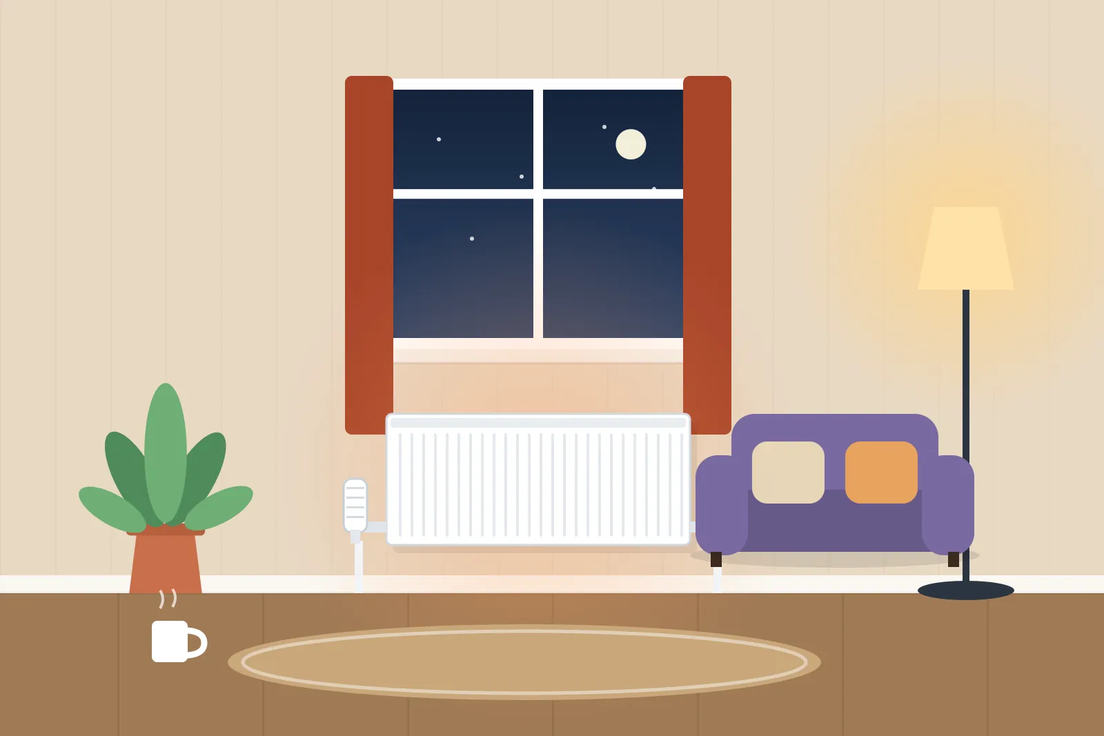 Living room on a winter evening with a radiator under the window, a lamp and a sofa