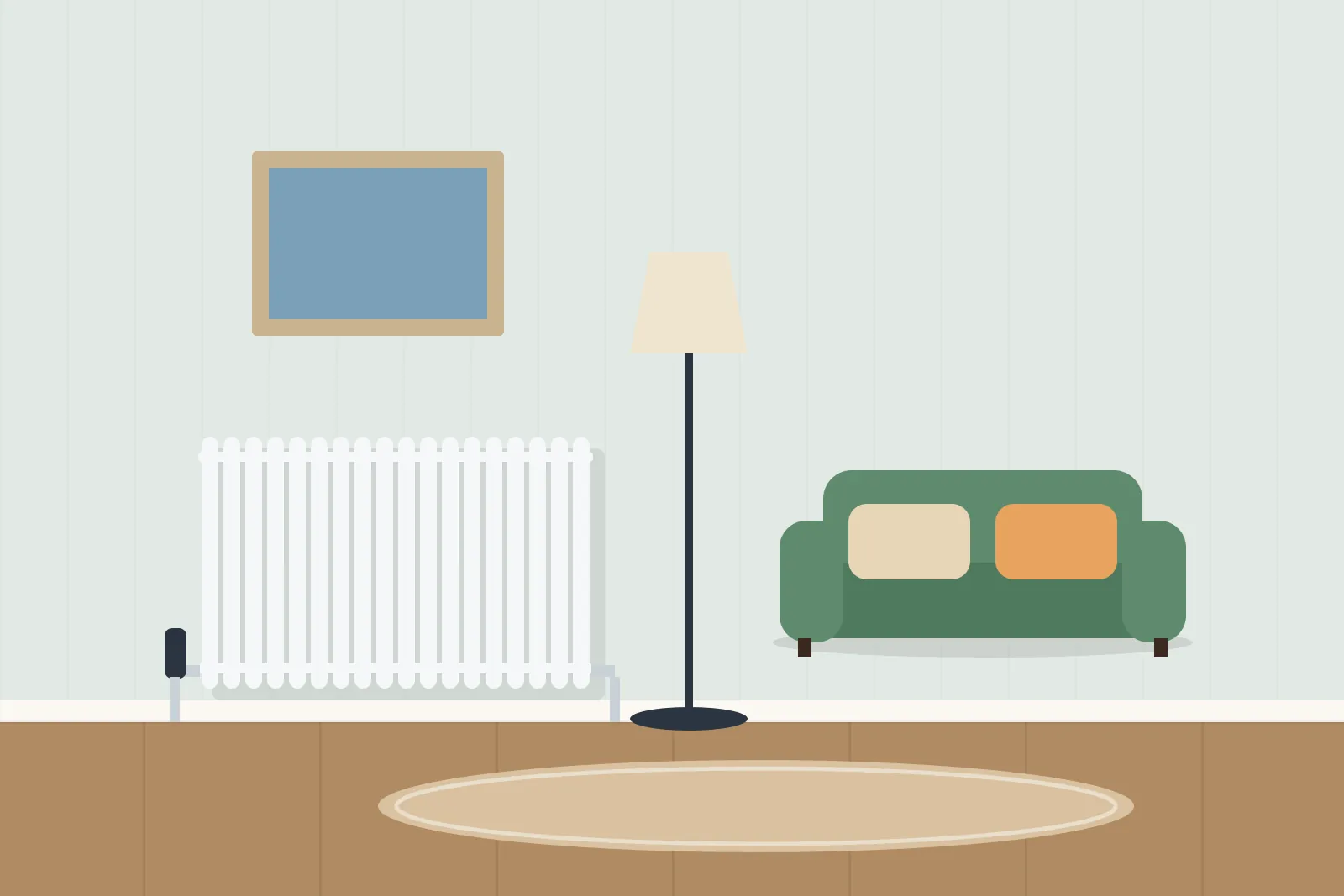 White column radiator in a living room with a green sofa and floor lamp