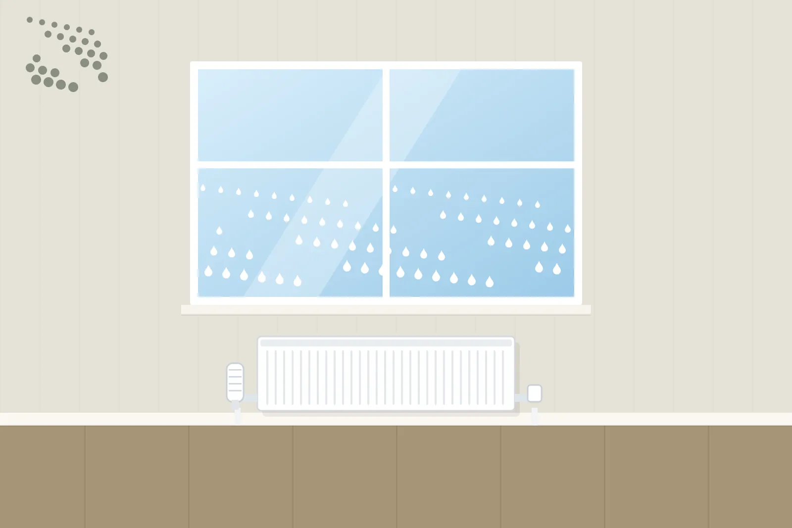 Window covered in condensation with mould spots in the corner of the wall above a radiator